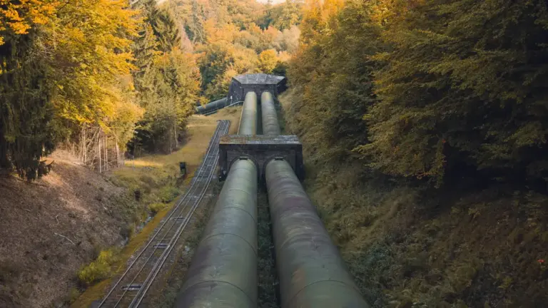 Przemysłowe rurociągi biegnące przez las, symbolizujące przesył surowców energetycznych do polskich odbiorców.