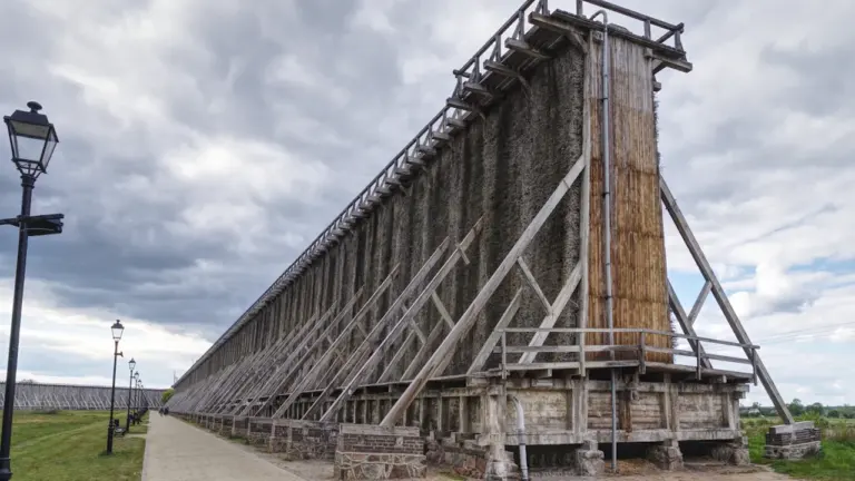 Historyczna tężnia solankowa w krajobrazie z zachmurzonym niebem w Grudziądzu