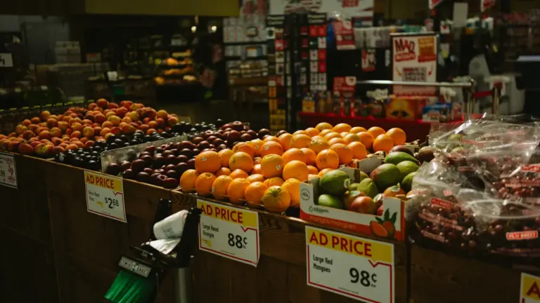 Regały z owocami w supermarkecie z widocznymi etykietami cenowymi produktów spożywczych.