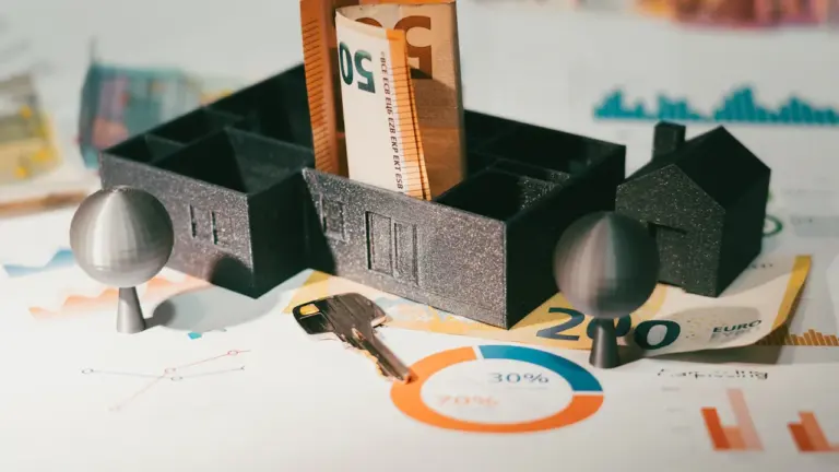 Model domu, banknoty oraz klucz do mieszkania na tle wykresów finansowych.